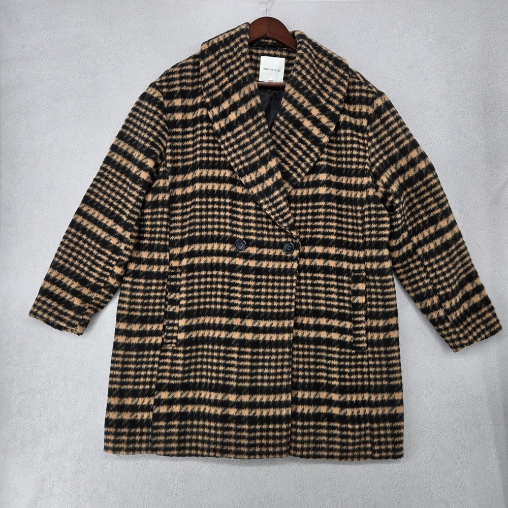 Avec Les Filles Womens 1X Plaid Double Breasted Pea Coat Black Tan